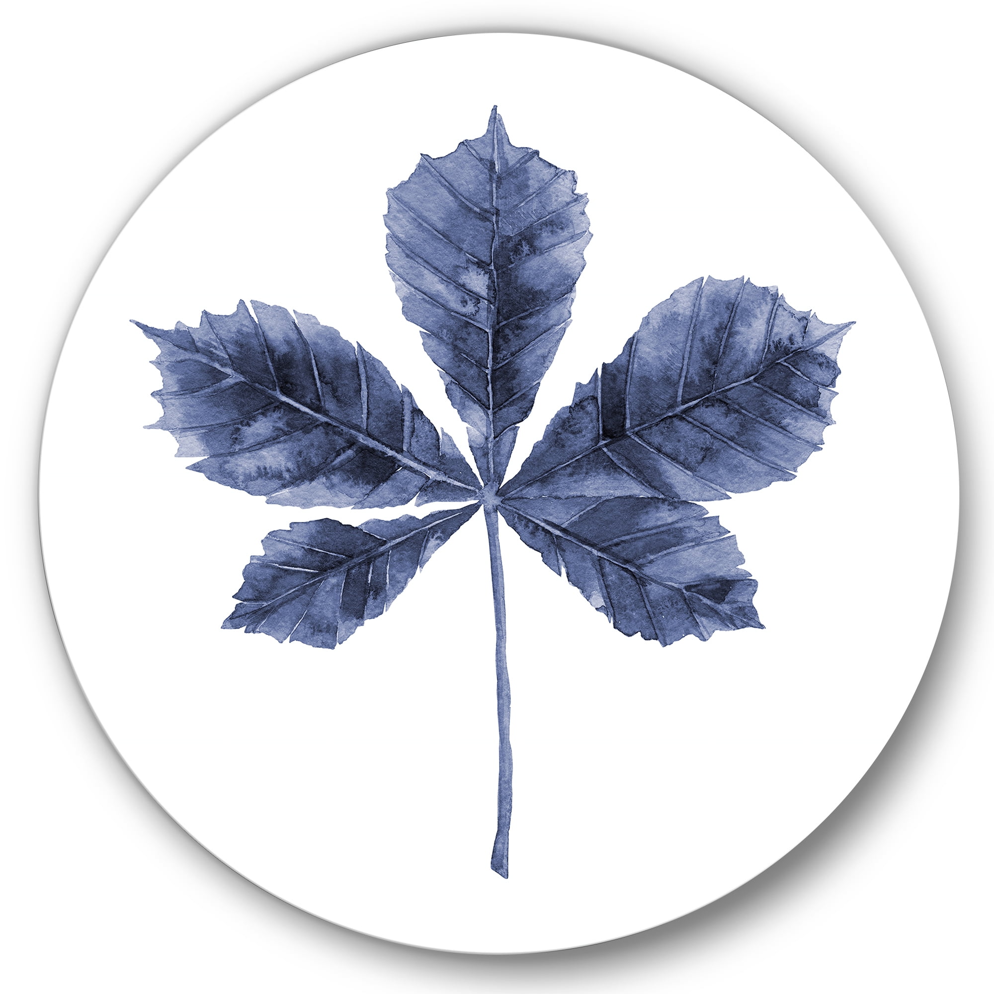 Designart 'Navy Blue Chestnut Leaf On White' Traditional Circle Metal Wall Art 29x29 - Disc of 29