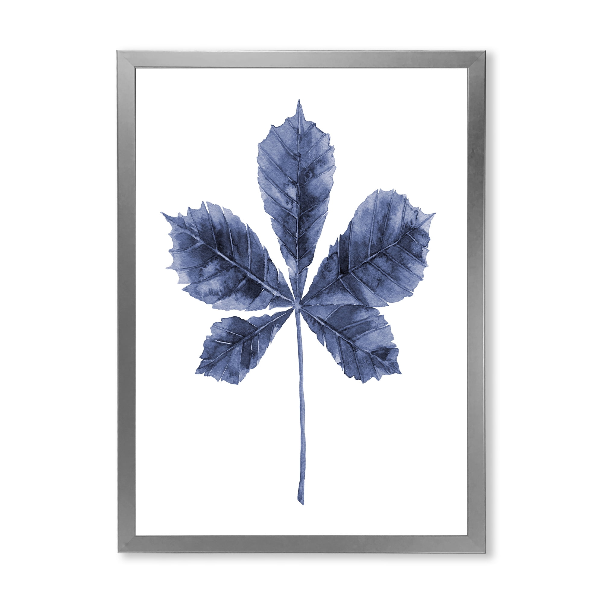 Designart 'Navy Blue Chestnut Leaf On White' Traditional Framed Art Print