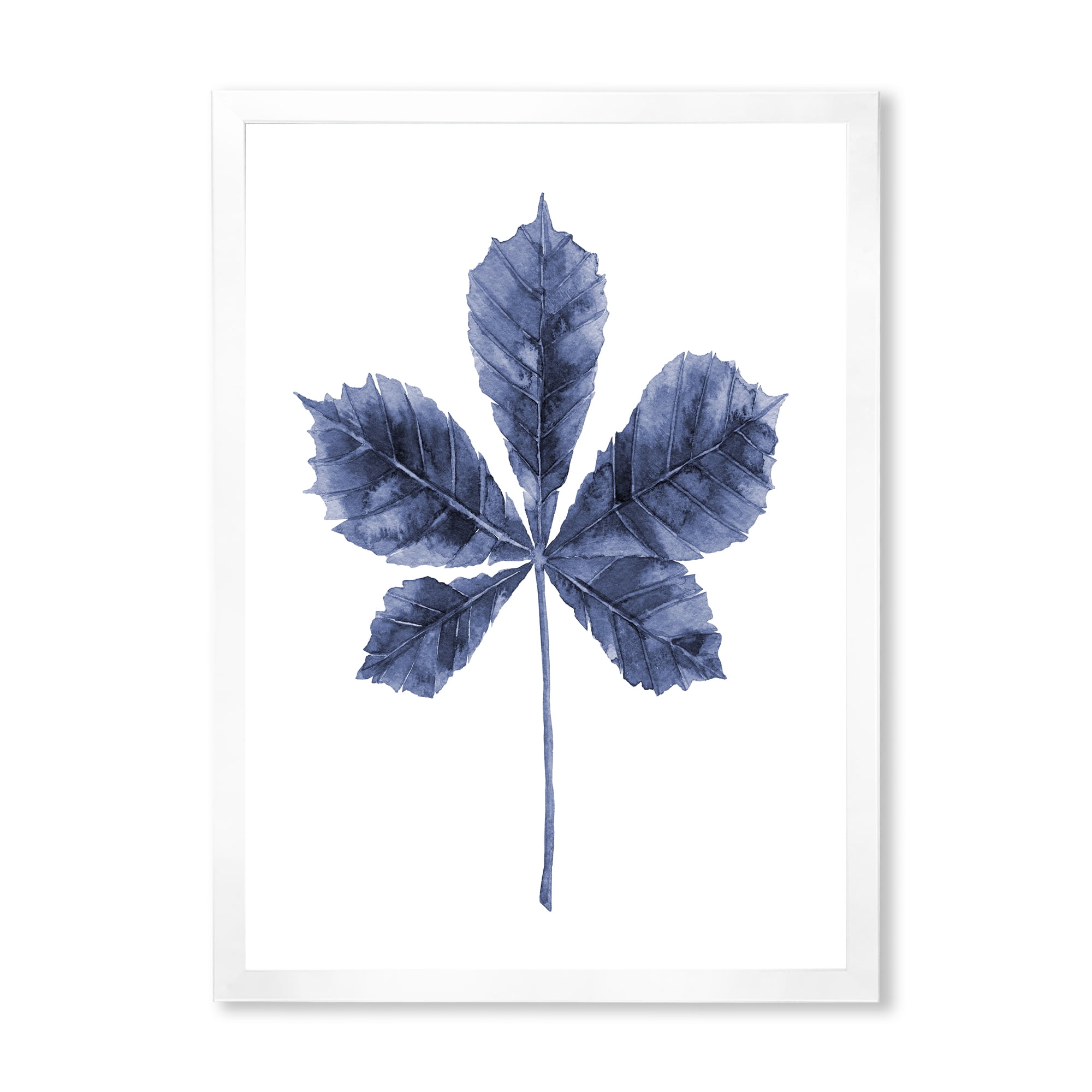 Designart 'Navy Blue Chestnut Leaf On White' Traditional Framed Art Print
