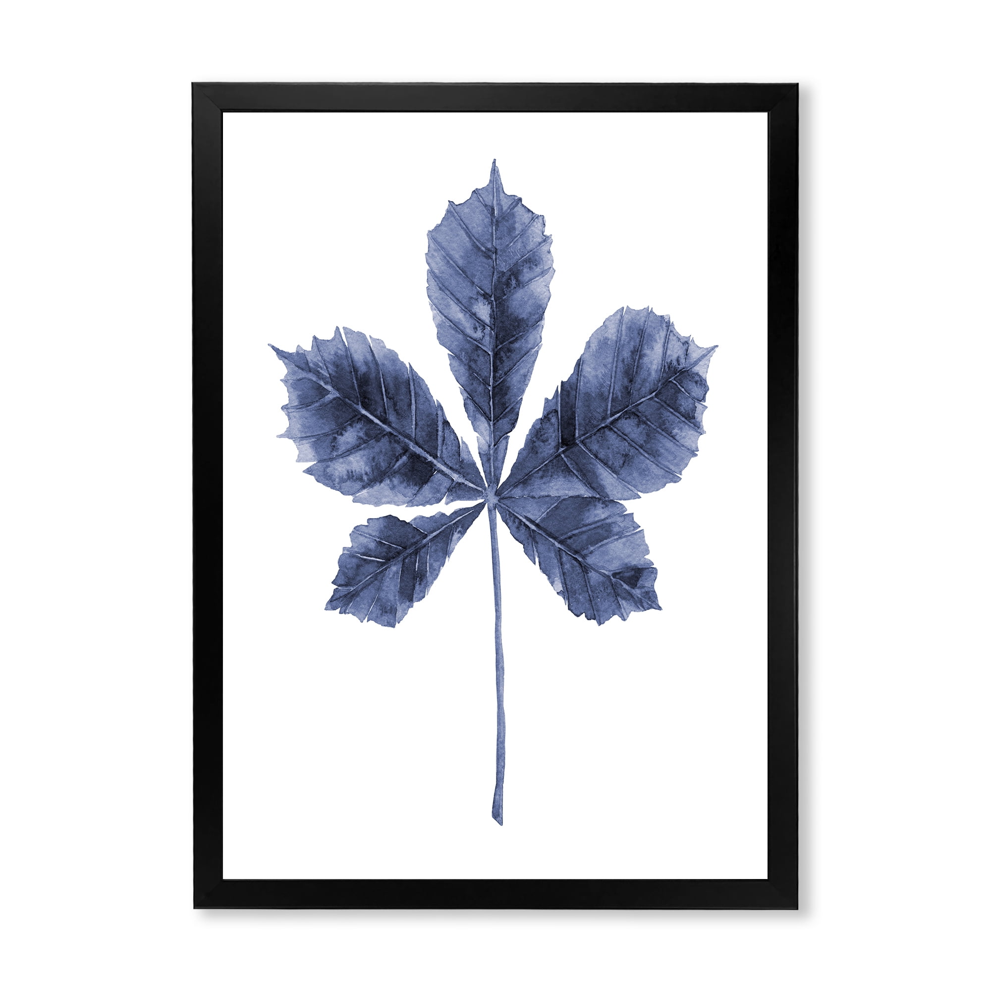 Designart 'Navy Blue Chestnut Leaf On White' Traditional Framed Art Print
