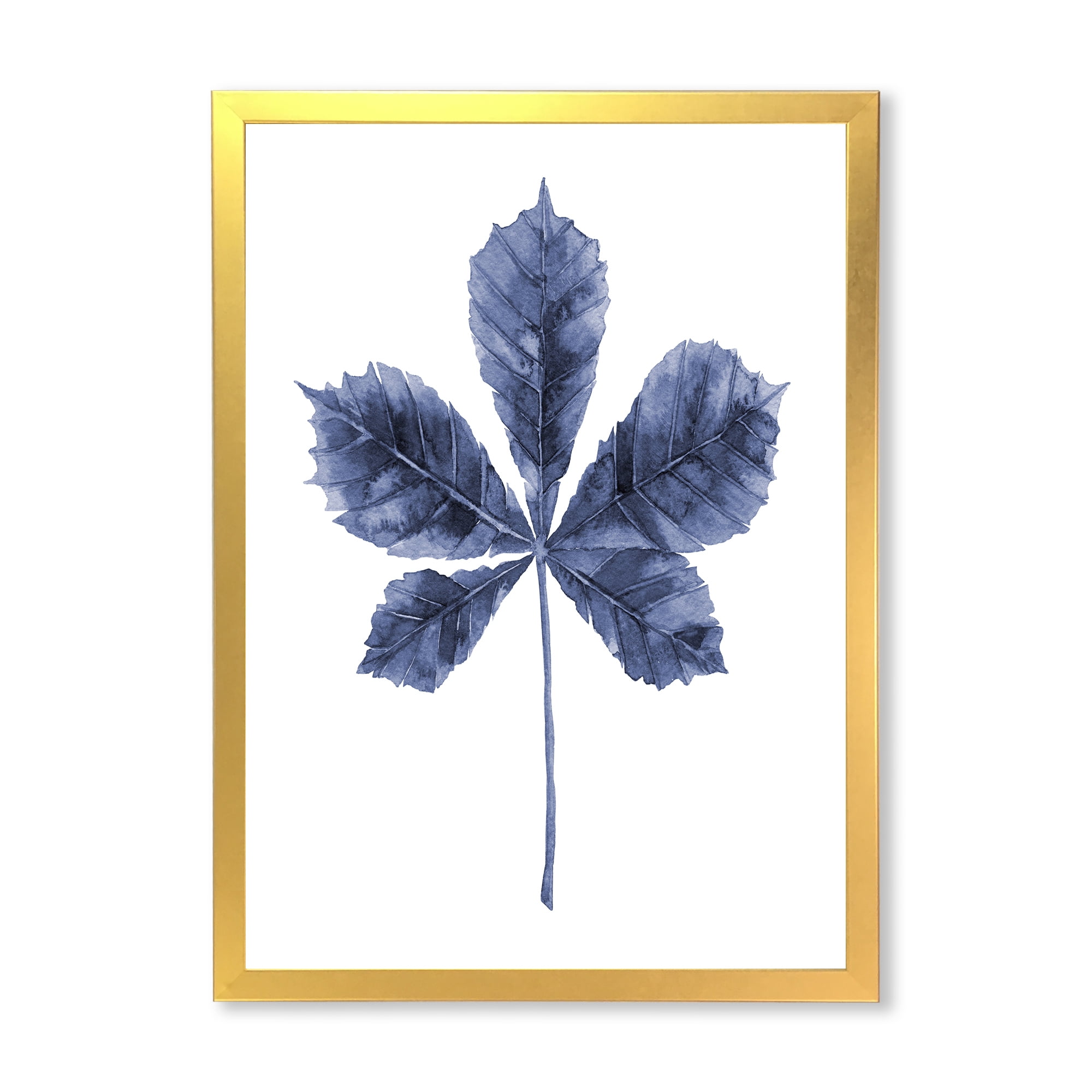 Designart 'Navy Blue Chestnut Leaf On White' Traditional Framed Art Print