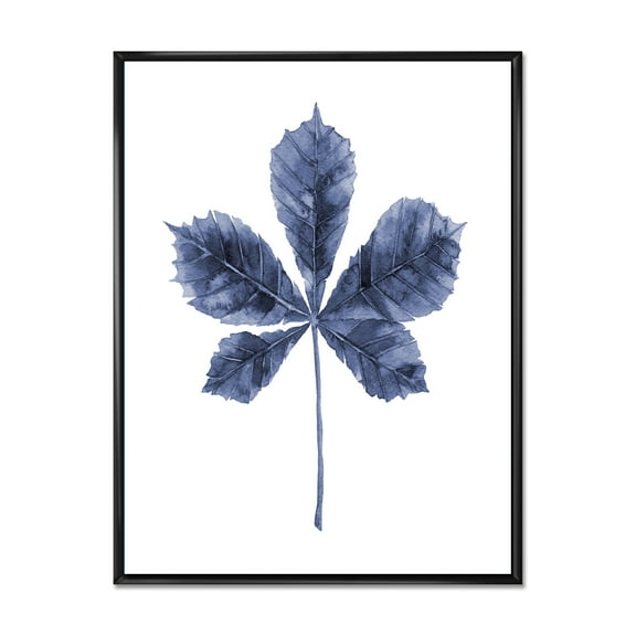 Designart 'Navy Blue Chestnut Leaf On White' Traditional Framed Canvas Wall Art Print