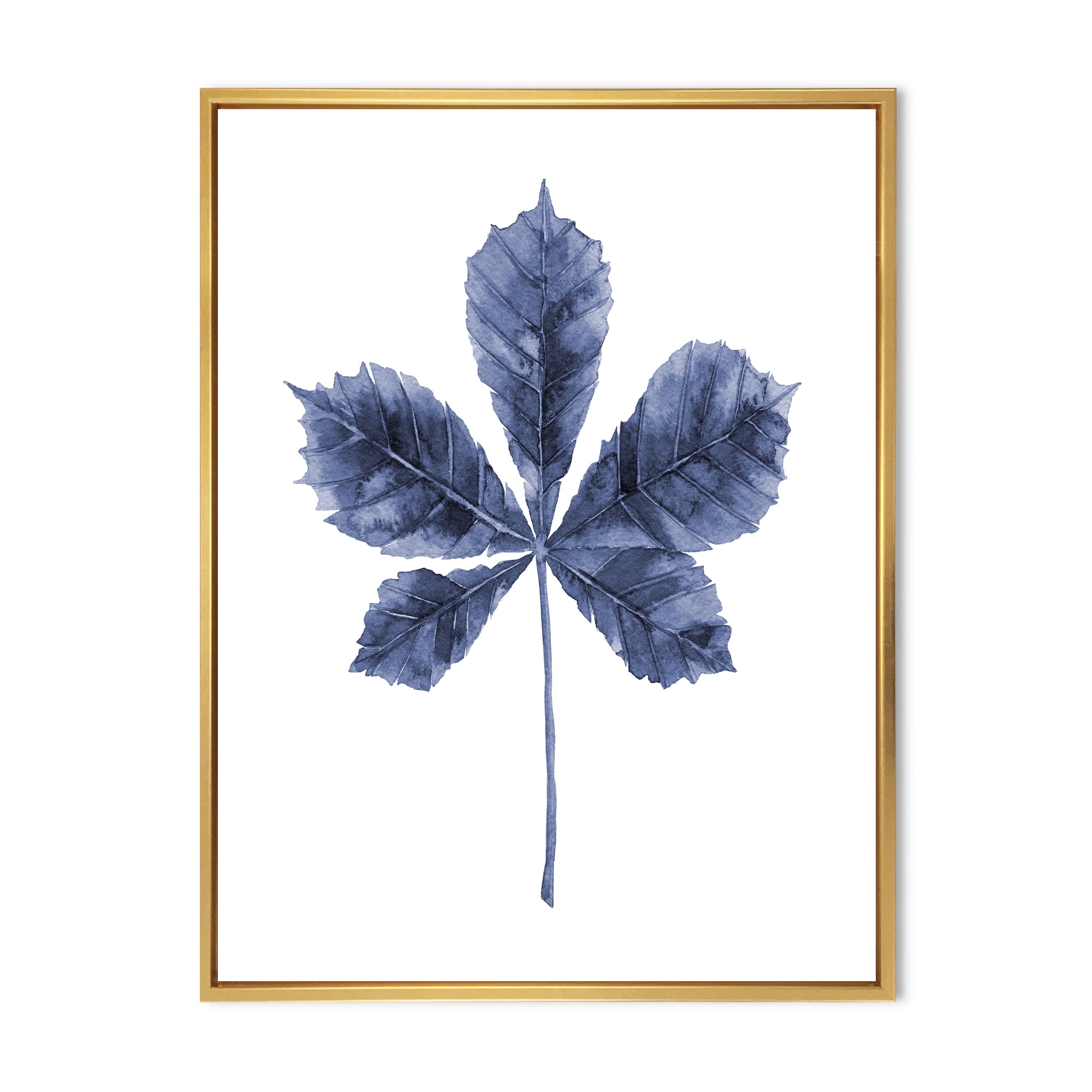 Designart 'Navy Blue Chestnut Leaf On White' Traditional Framed Canvas Wall Art Print