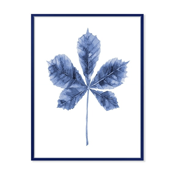 Designart 'Navy Blue Chestnut Leaf On White' Traditional Framed Canvas Wall Art Print