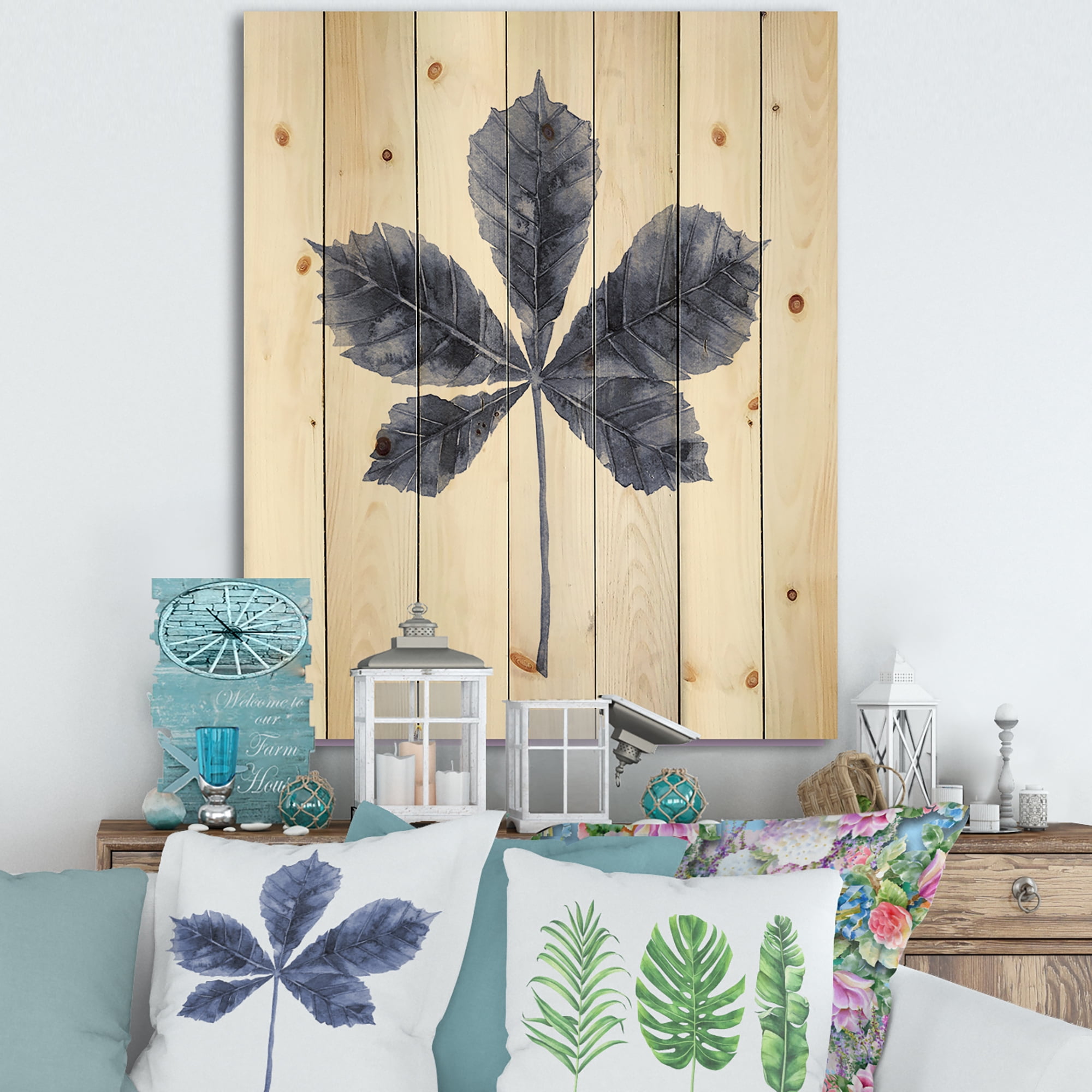 Designart 'Navy Blue Chestnut Leaf On White' Traditional Print on Natural Pine Wood