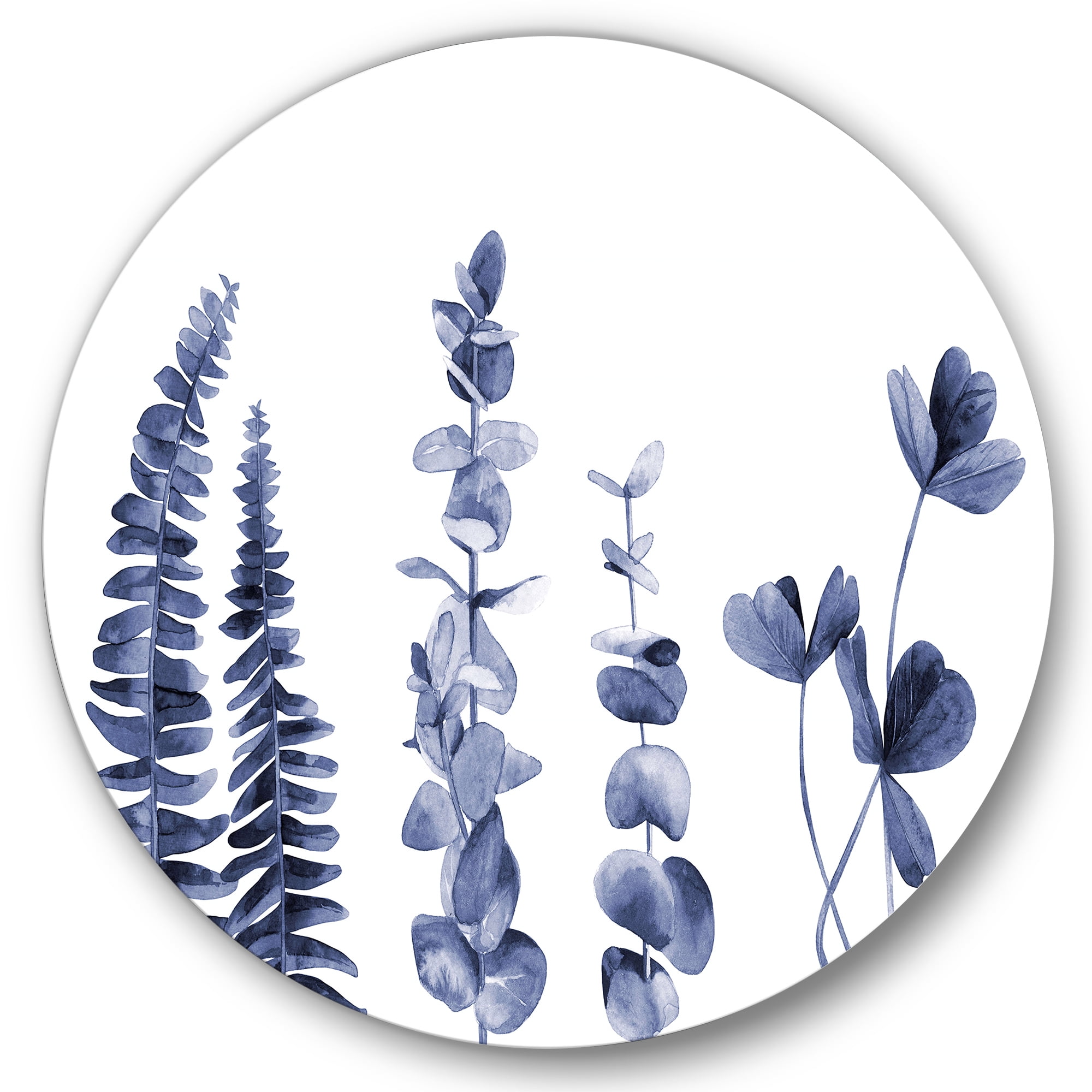 Designart 'Navy Blue Eucalyptus On White I' Traditional Circle Metal Wall Art 29x29 - Disc of 29
