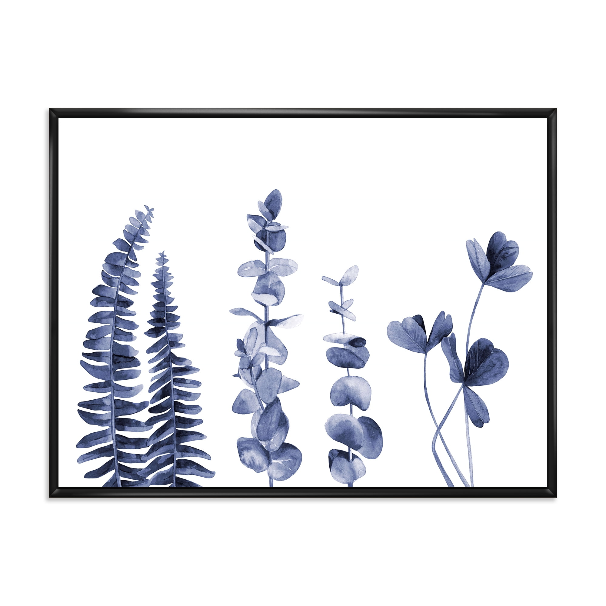 Designart 'Navy Blue Eucalyptus On White I' Traditional Framed Canvas Wall Art Print