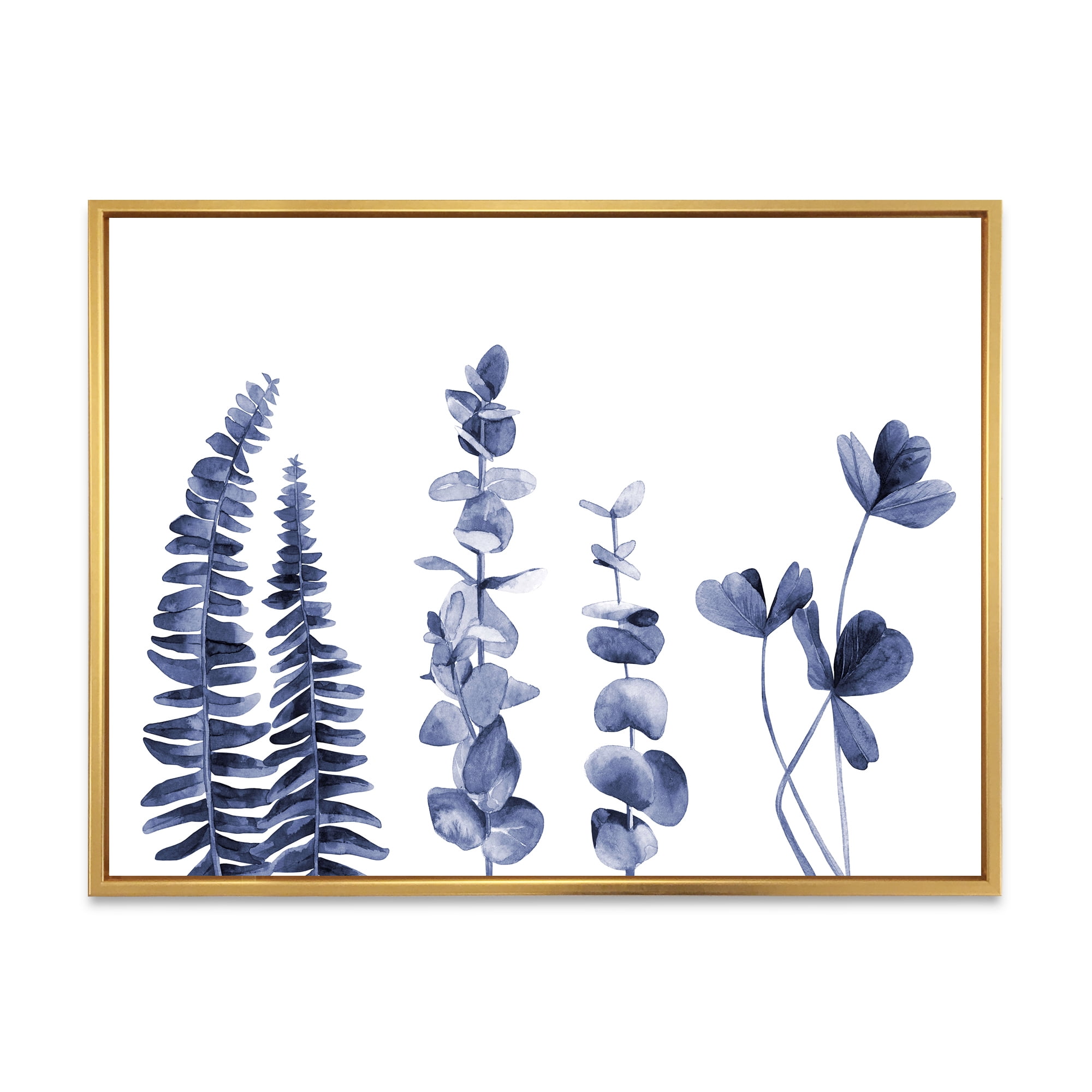 Designart 'Navy Blue Eucalyptus On White I' Traditional Framed Canvas Wall Art Print