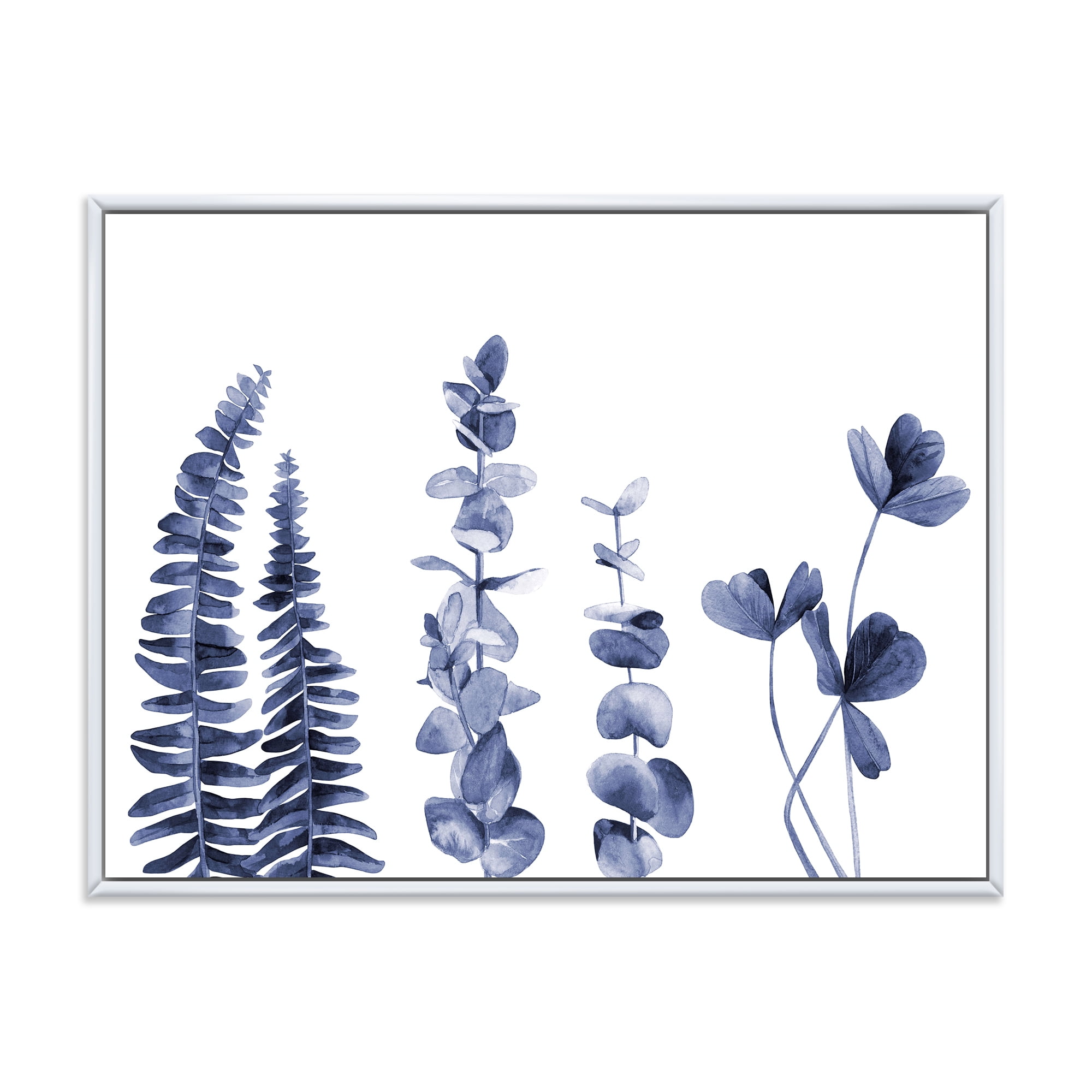 Designart 'Navy Blue Eucalyptus On White I' Traditional Framed Canvas Wall Art Print