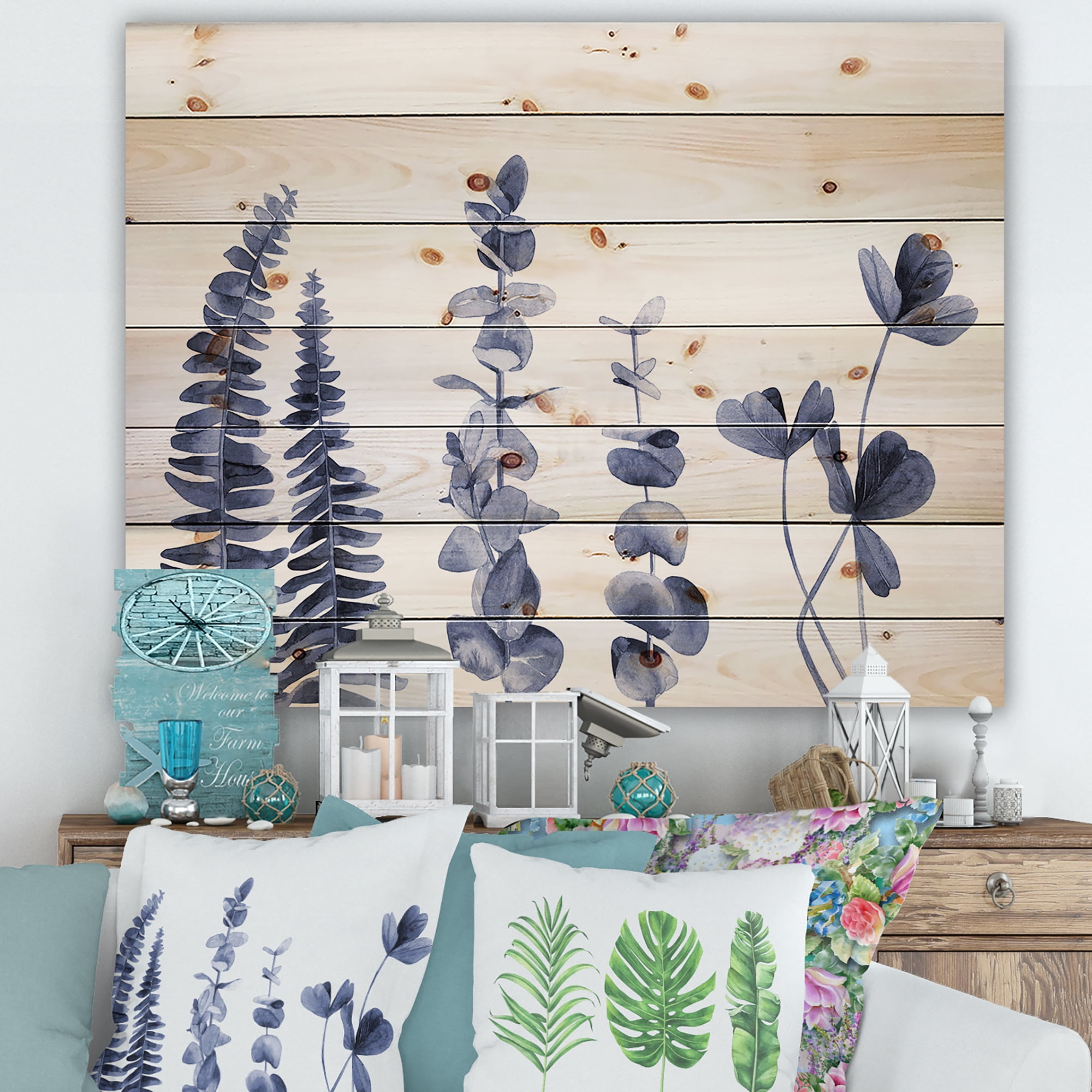 Designart 'Navy Blue Eucalyptus On White I' Traditional Print on Natural Pine Wood