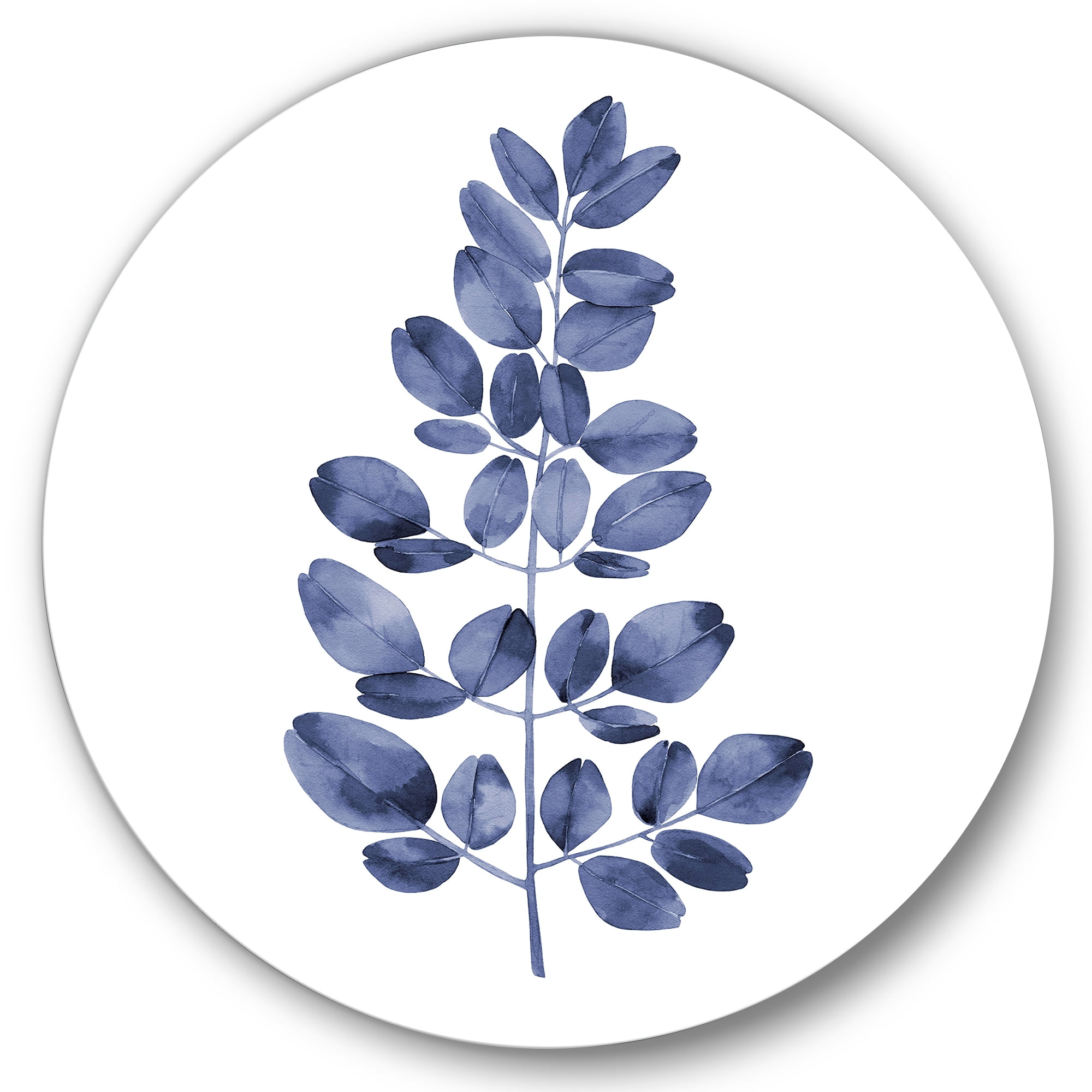 Designart 'Navy Blue Eucalyptus On White' Traditional Circle Metal Wall Art 23x23 - Disc of 23