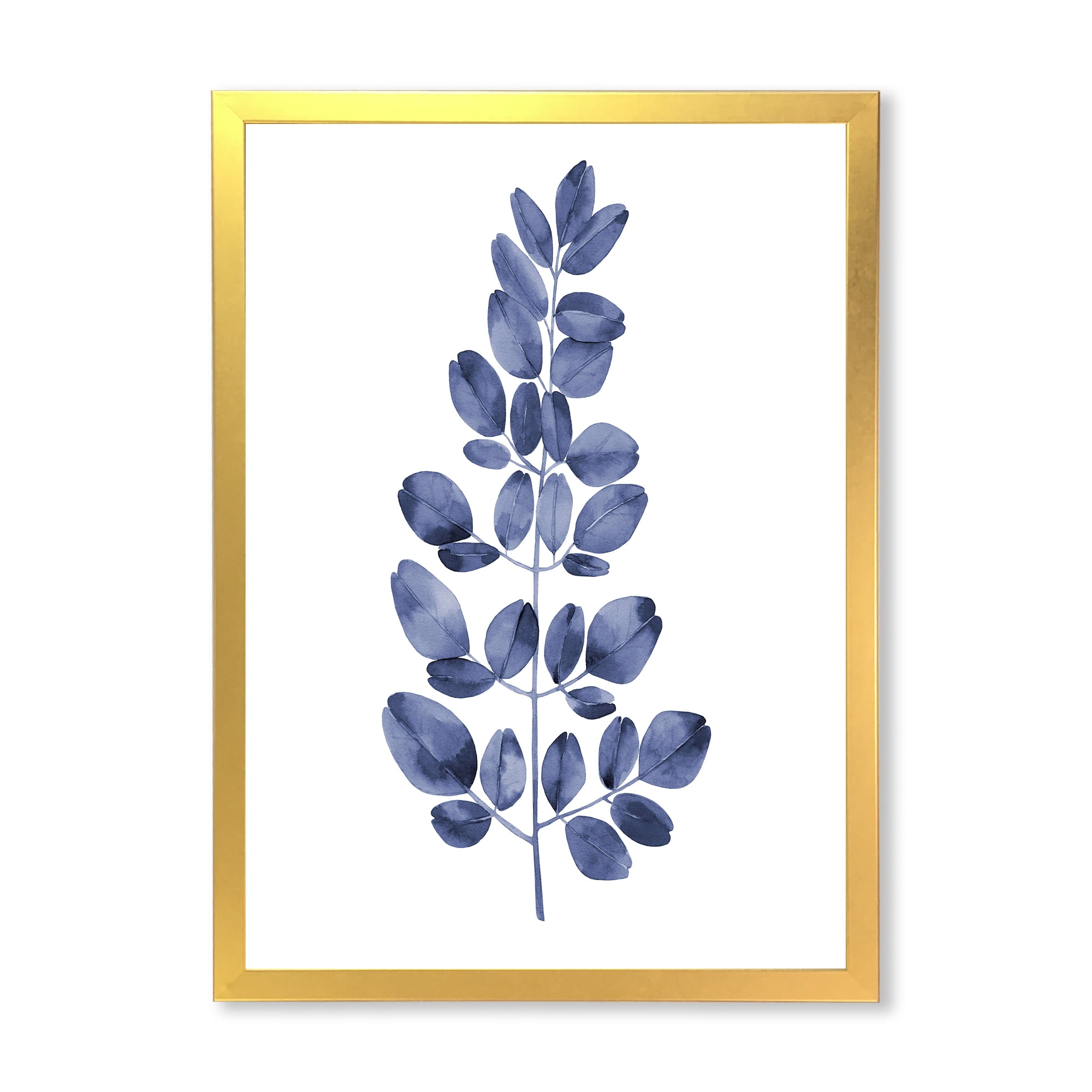 Designart 'Navy Blue Eucalyptus On White' Traditional Framed Art Print