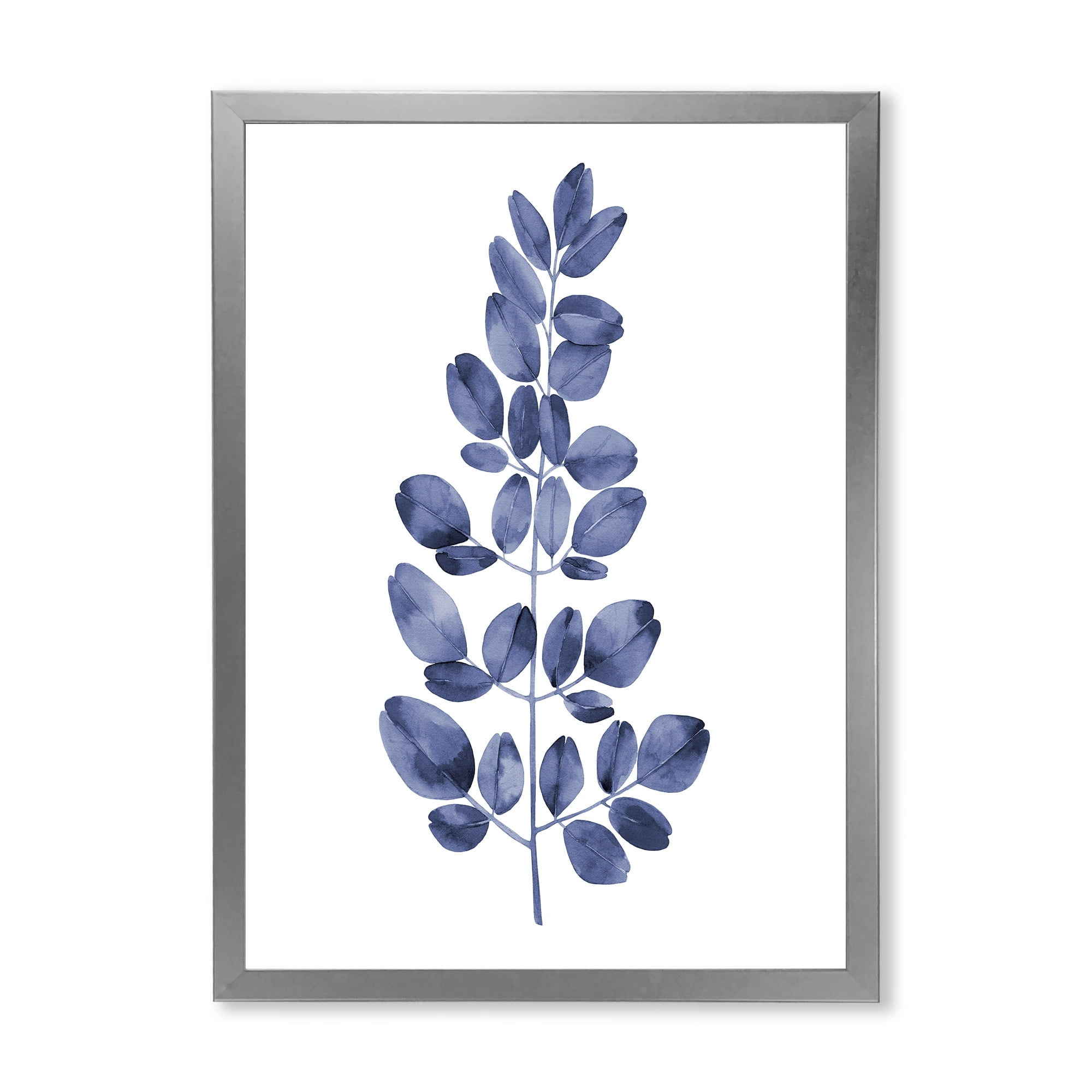 Designart 'Navy Blue Eucalyptus On White' Traditional Framed Art Print
