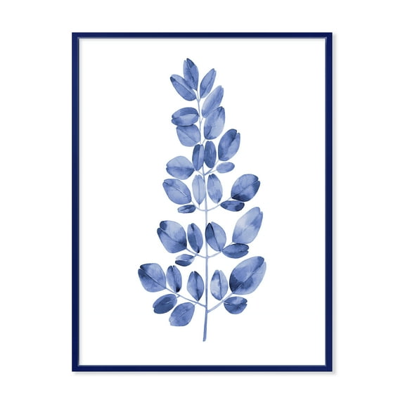 Designart 'Navy Blue Eucalyptus On White' Traditional Framed Canvas Wall Art Print