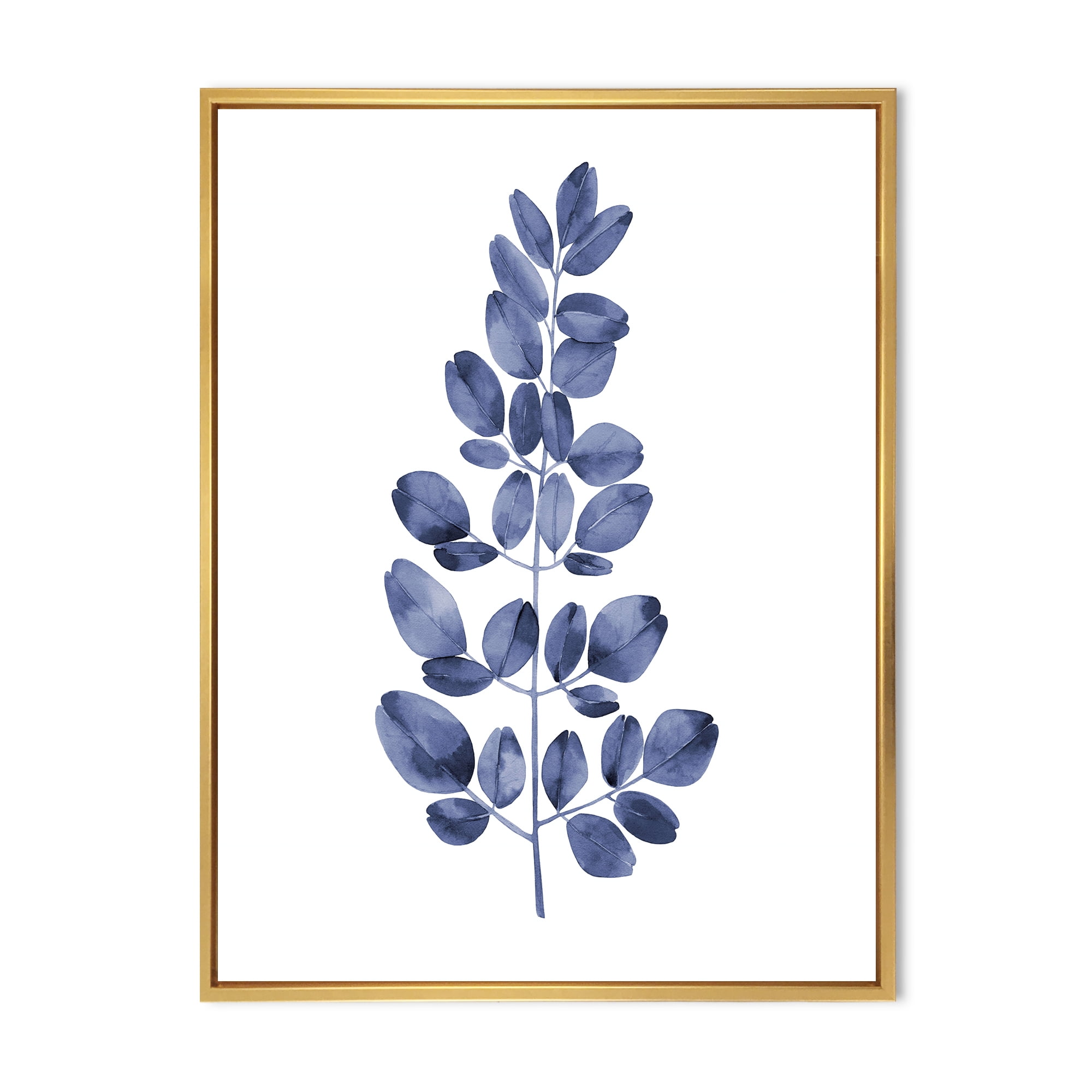 Designart 'Navy Blue Eucalyptus On White' Traditional Framed Canvas Wall Art Print
