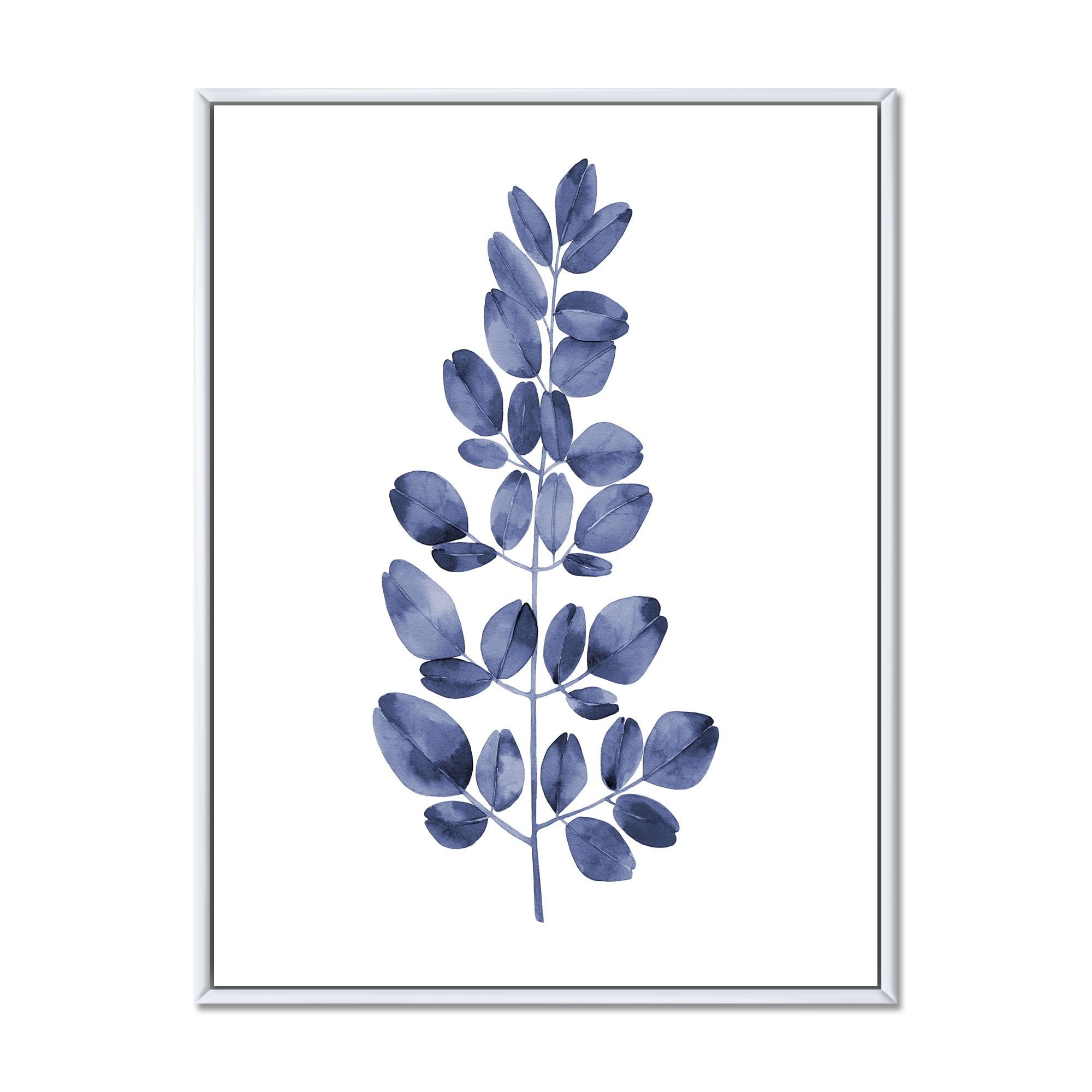 Designart 'Navy Blue Eucalyptus On White' Traditional Framed Canvas Wall Art Print