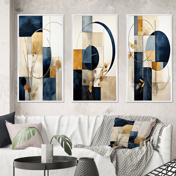 Designart "Navy Blue Organic Minimal Geometry II" Modern Geometric Framed Wall Art Set Of 3 - Yellow Abstract Frame Gallery Wall Set For Home Decor