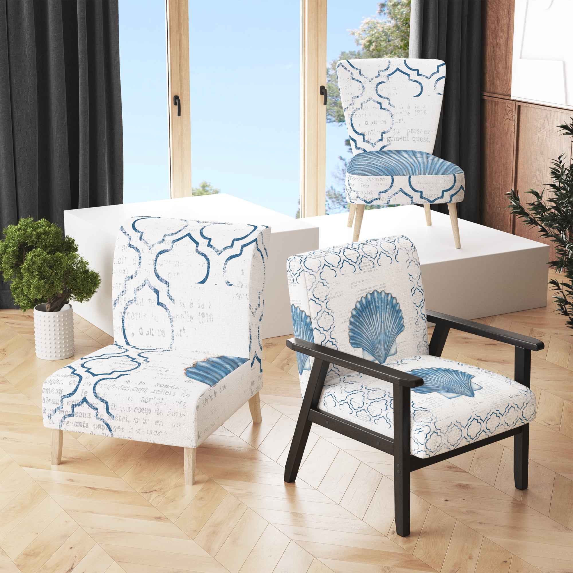 Designart "Navy Blue Scallop Shell" Upholstered Nautical & Coastal Accent Chair - Arm Chair ...