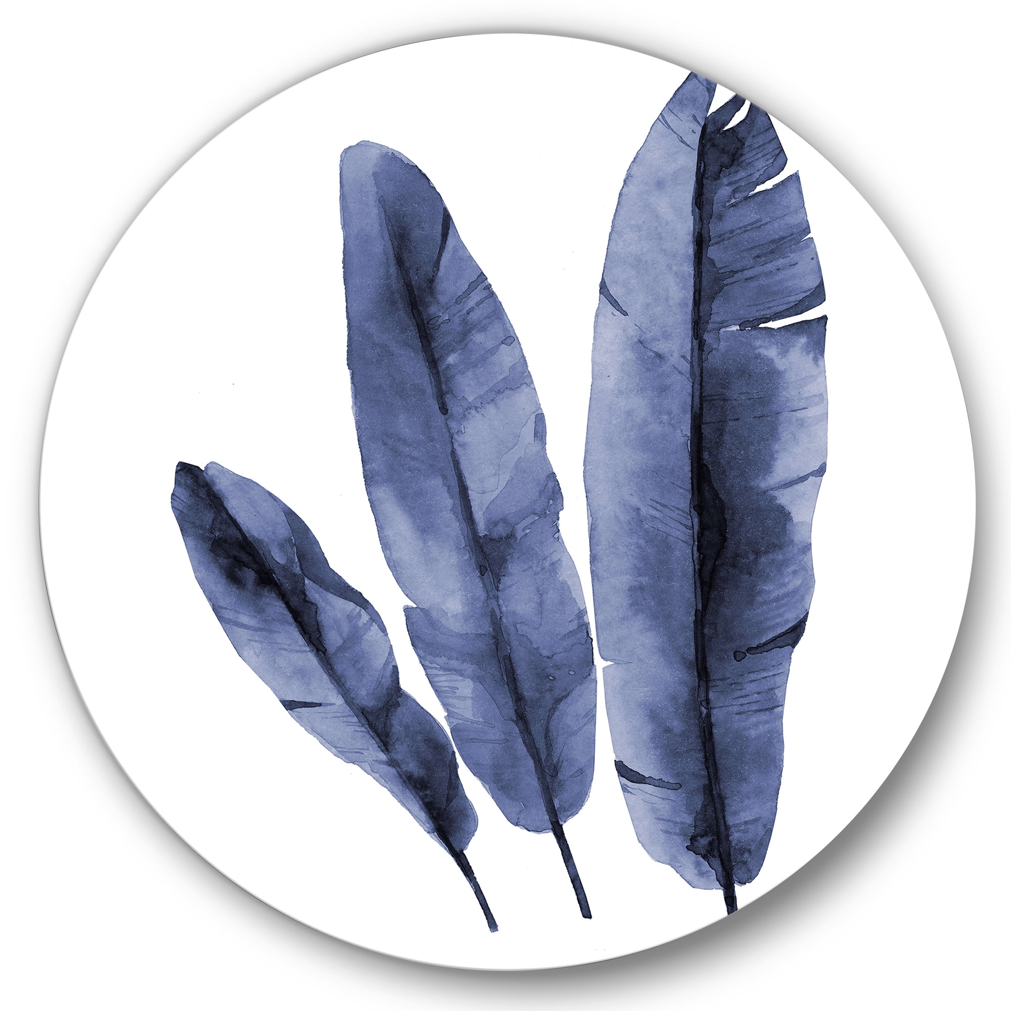 Designart 'Navy Blue Tropical Banana Leaves On White' Tropical Circle Metal Wall Art 29x29 - Disc of 29
