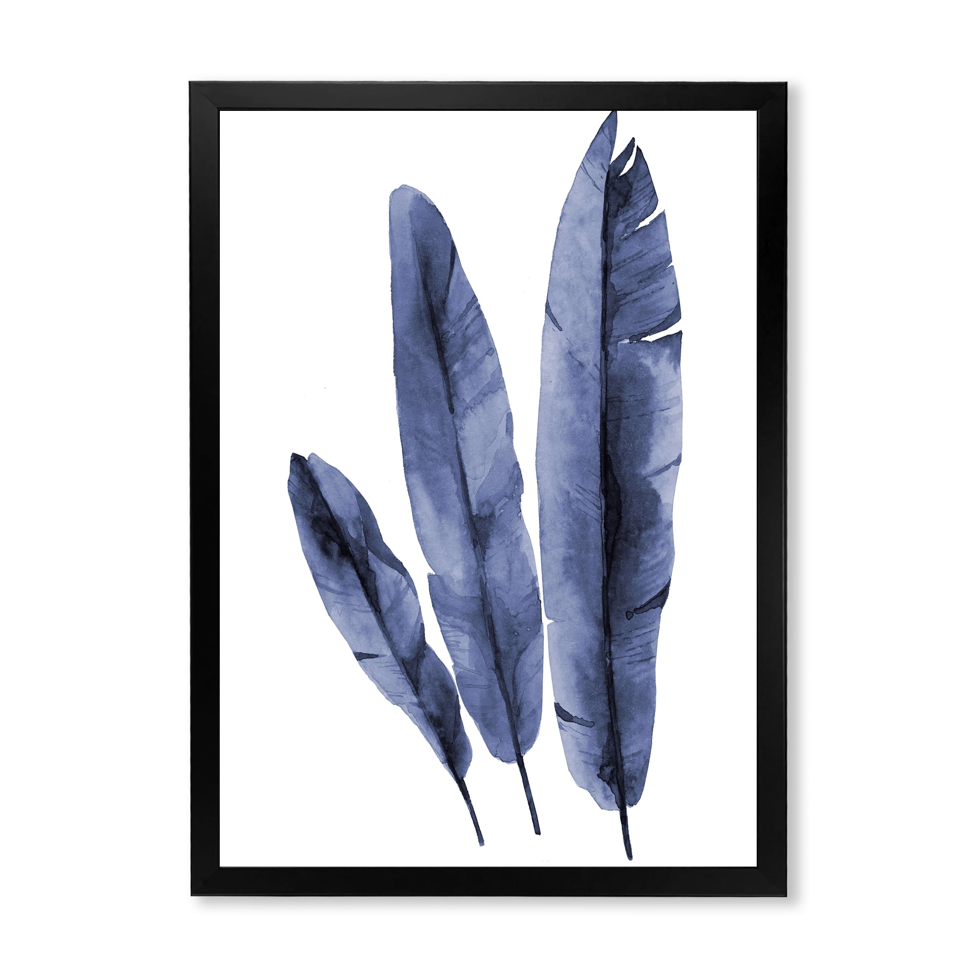 Designart 'Navy Blue Tropical Banana Leaves On White' Tropical Framed Art Print