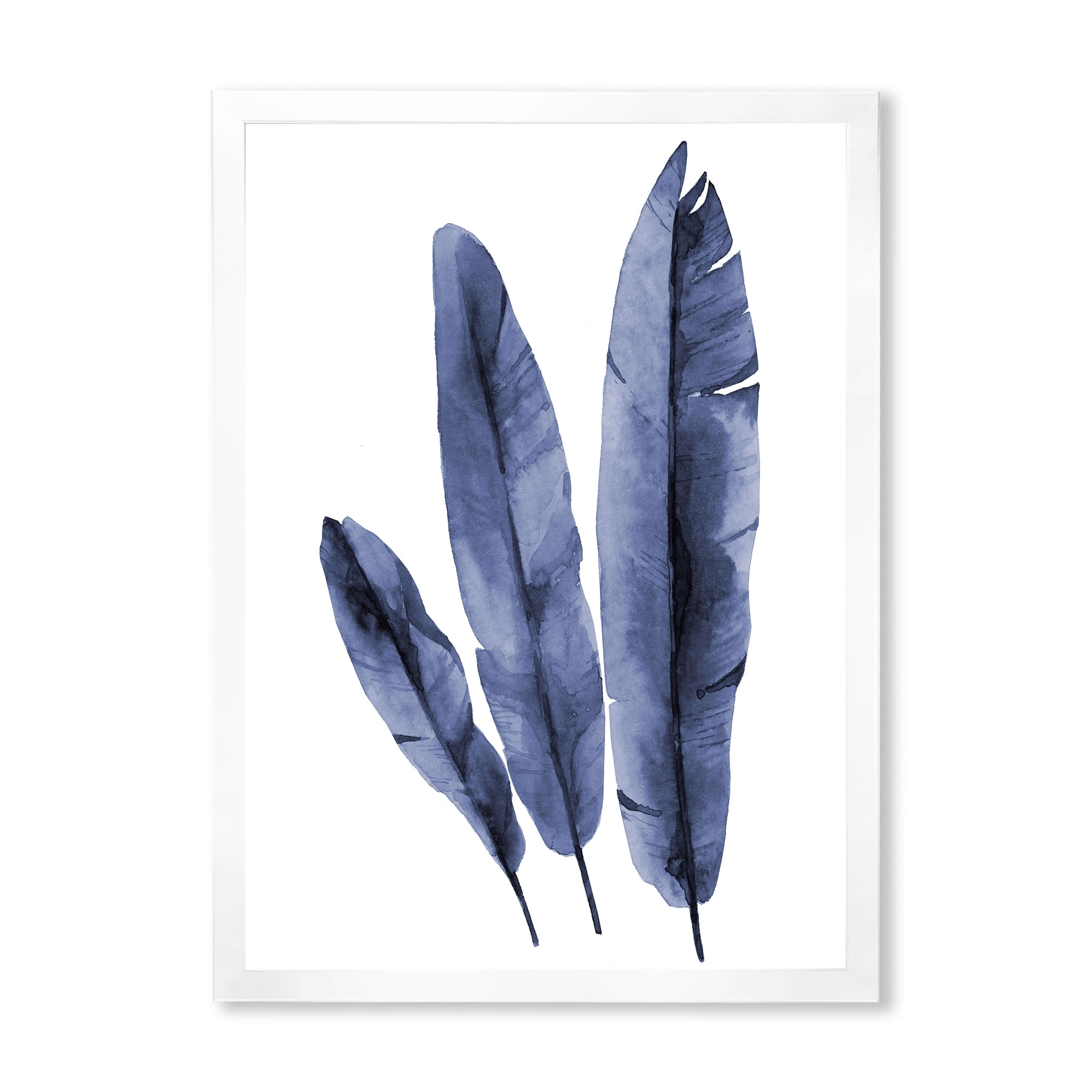 Designart 'Navy Blue Tropical Banana Leaves On White' Tropical Framed Art Print
