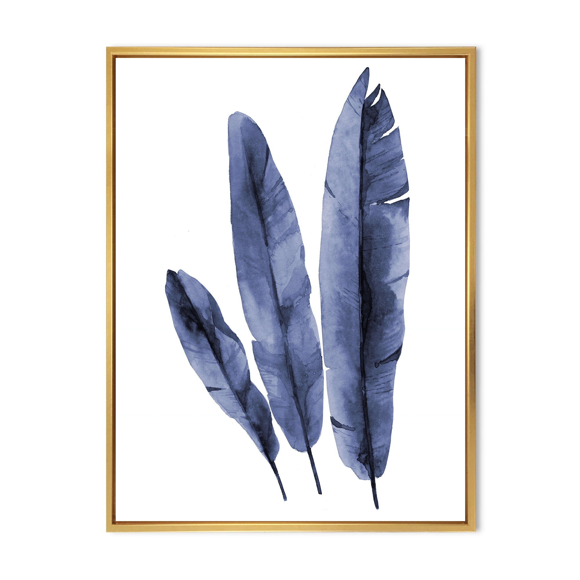 Designart 'Navy Blue Tropical Banana Leaves On White' Tropical Framed Canvas Wall Art Print