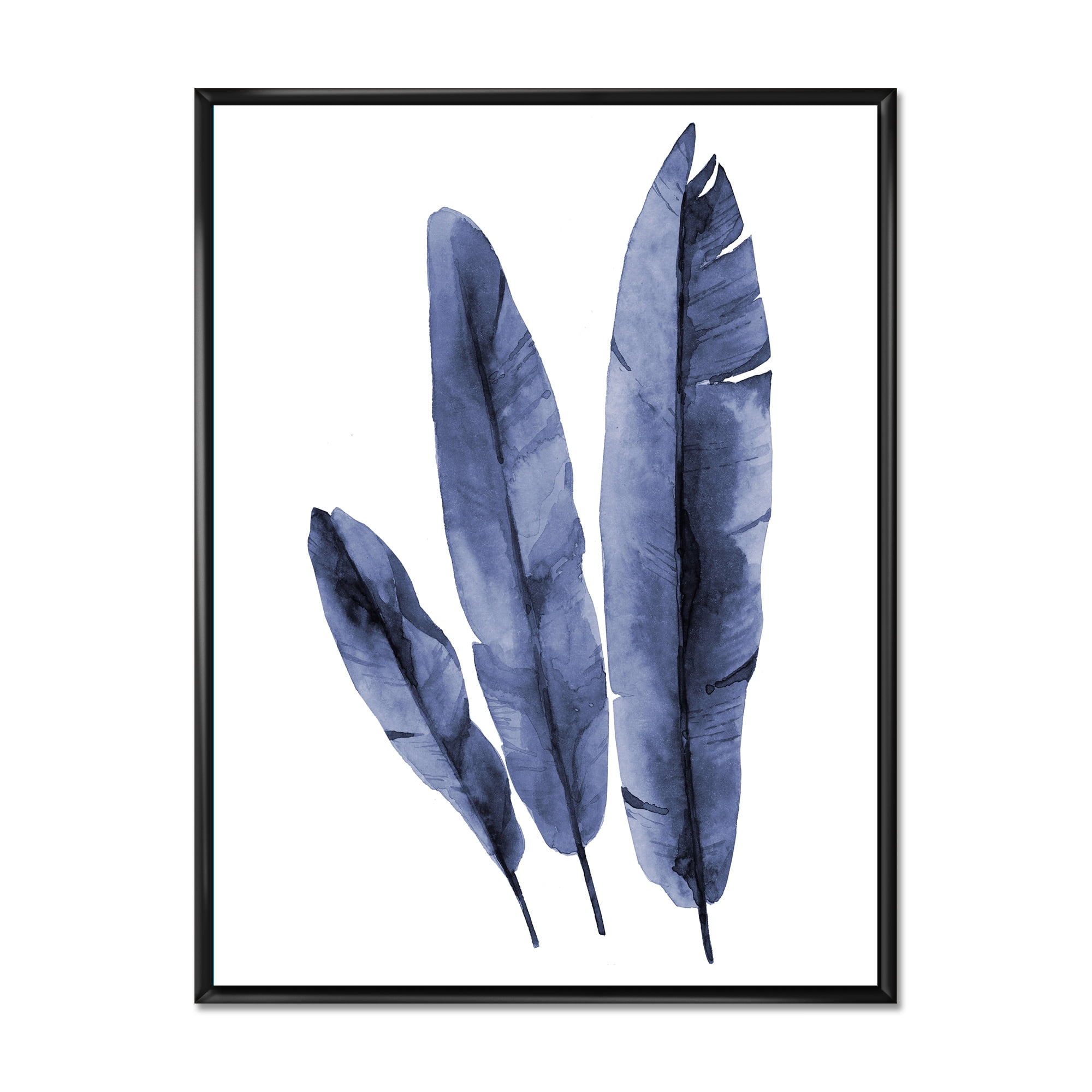 Designart 'Navy Blue Tropical Banana Leaves On White' Tropical Framed Canvas Wall Art Print