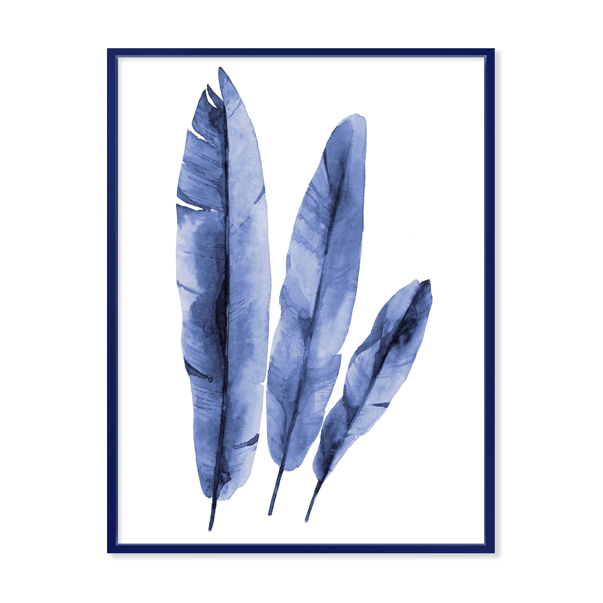 Designart 'Navy Blue Tropical Banana Leaves On White' Tropical Framed Canvas Wall Art Print