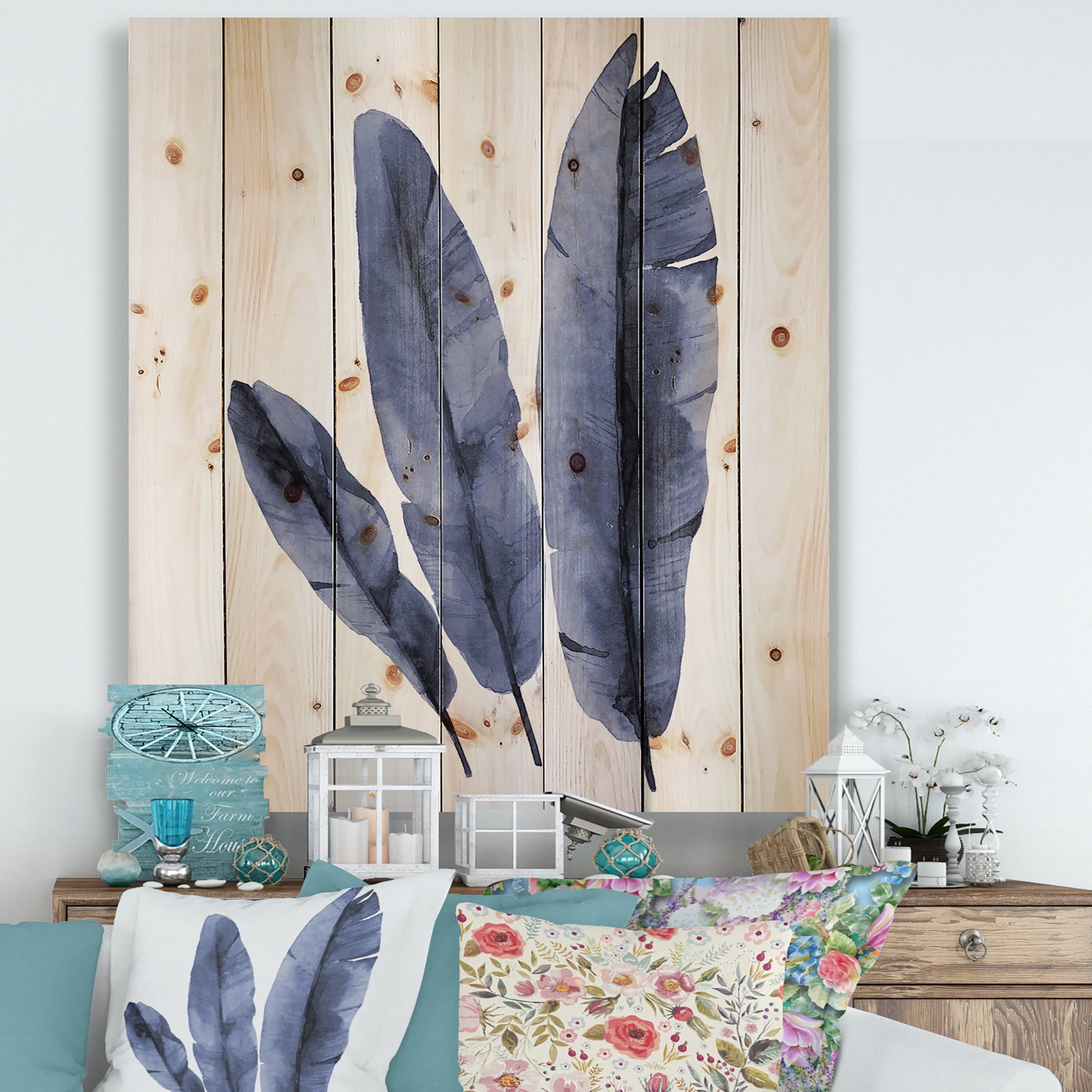 Designart 'Navy Blue Tropical Banana Leaves On White' Tropical Print on Natural Pine Wood