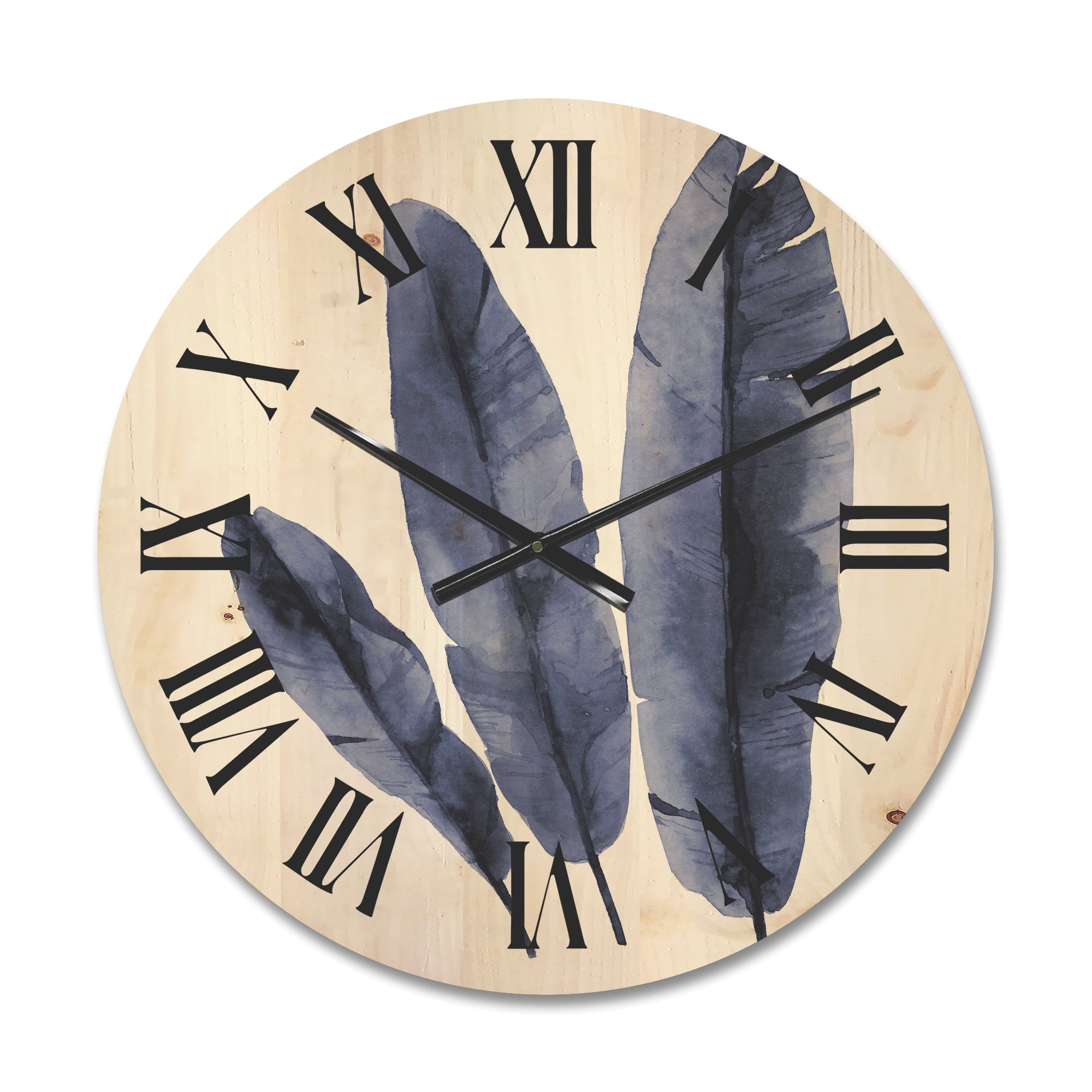 Designart 'Navy Blue Tropical Banana Leaves On White' Tropical Wood Wall Clock