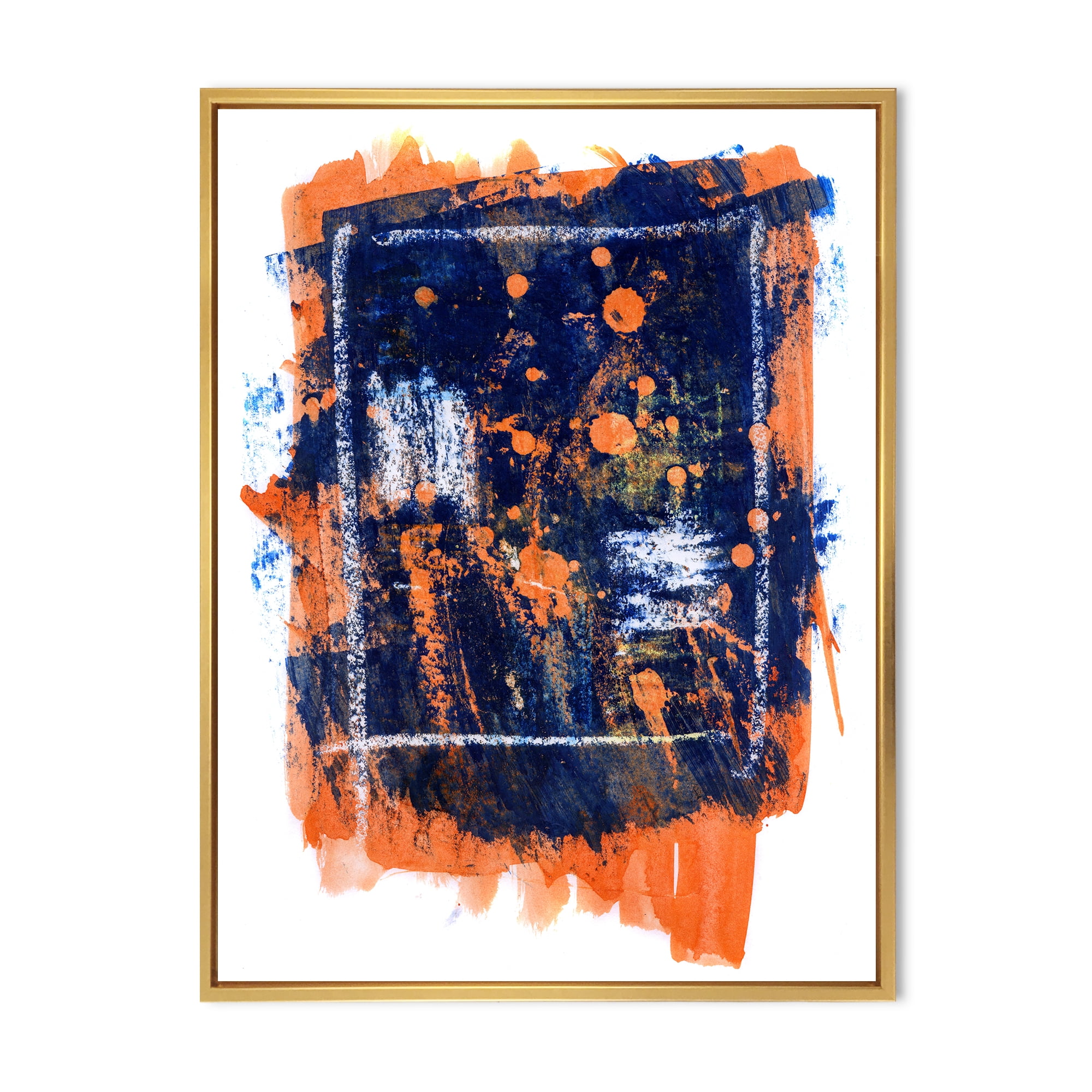 Designart 'Navy Blue and Orange Abstract' Modern Framed Canvas Wall Art Print