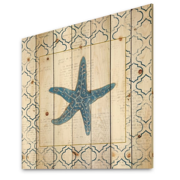 Designart 'Navy Starfish with Gold' Nautical & Coastal Print on Natural Pine Wood