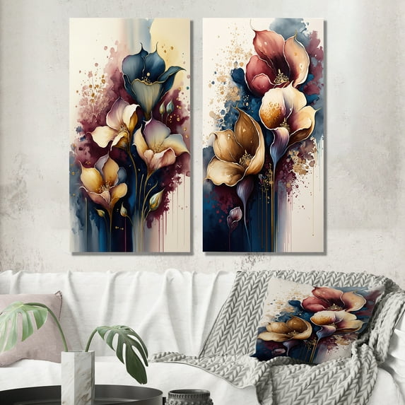 Designart "Navy and Maroon Calla Collection I" Calla Lily Wall Art Set Of 2 - Red Floral Wall Decor Set Of 2