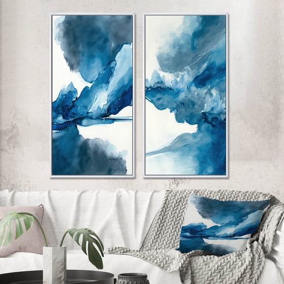 Designart "Nebulous Sapphire Skies - A Blue Odyssey I" Abstract Liquid Ink Framed Wall Art Set Of 2 - Modern Blue Frame Gallery Set For Office Decor
