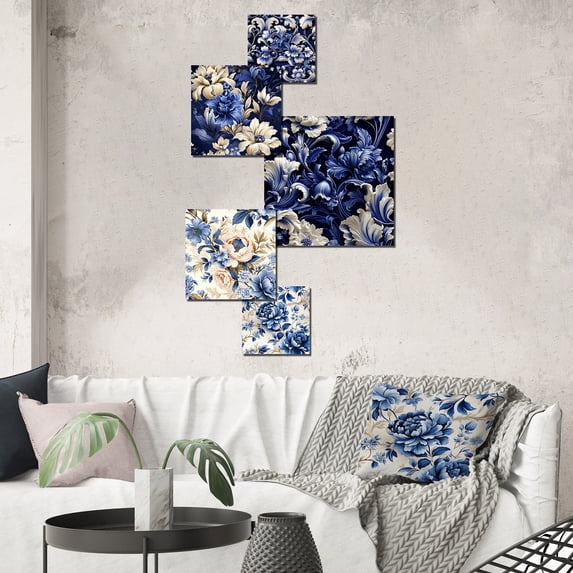 Designart "Neo-Gothic Victorian In Cobalt Blue II" Floral Wall Art Set Of 5 - Blue Cottage Living Room Metal Art Set