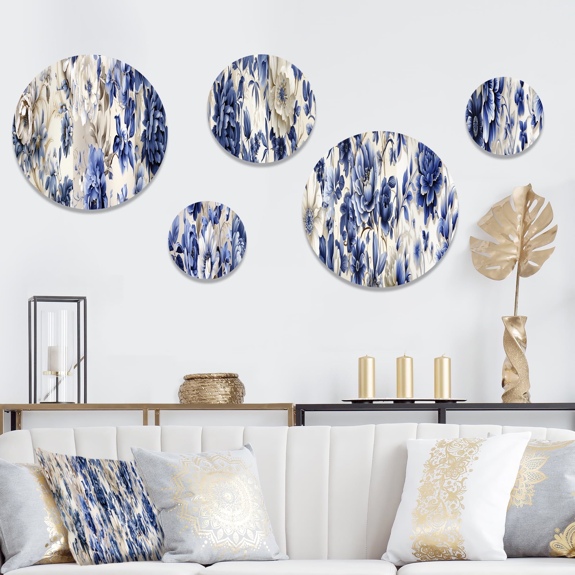 Neo Victorian Blue and Beige Floral Metal Wall Art Set of 5