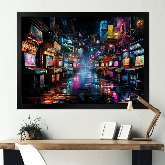 Designart "Neon Arcade Dream Video Game Fantasy" Fashion Framed Wall Art Decor - Modern Colorful Video Games Bedroom Framed Canvas Wall Art