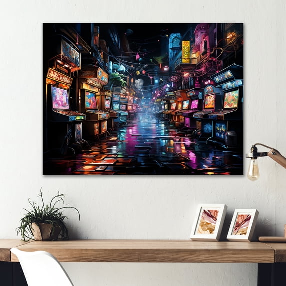 Designart "Neon Arcade video game dream In Colorful"Video Games Metal Wall Art Colorful Modern Office Room Wall Art