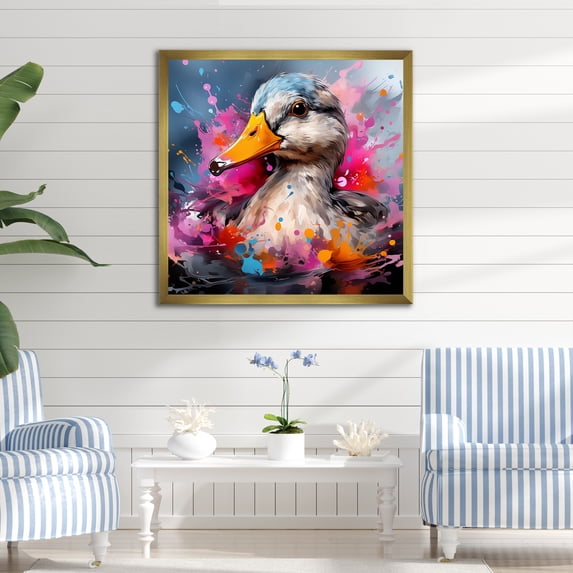 Designart "Neon Colors at the Duck Pond" Animals Framed Wall Art Decor - Modern Grey Duck Living Room Framed Canvas Art