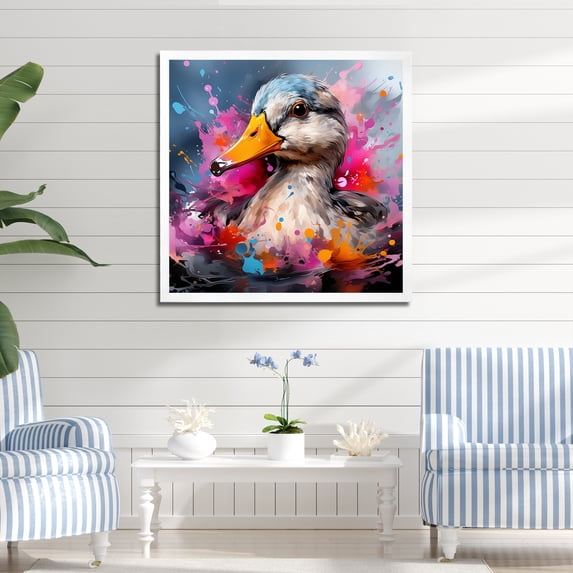 Designart "Neon Colors at the Duck Pond" Animals Framed Wall Art Decor - Modern Grey Duck Living Room Framed Canvas Art