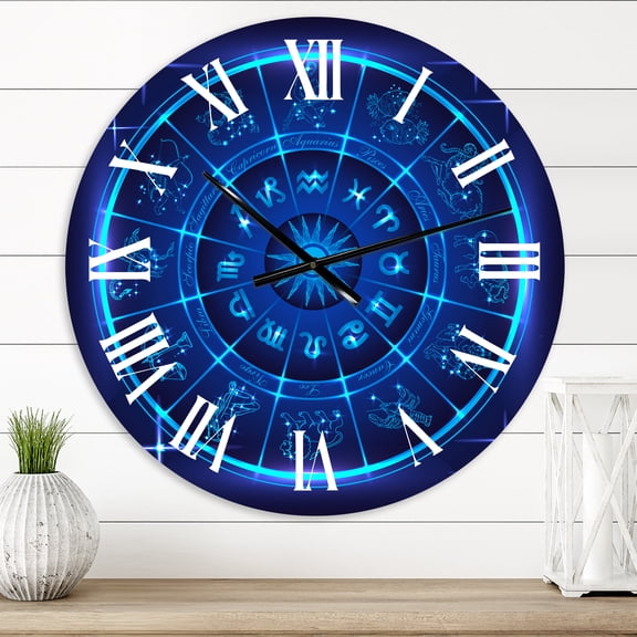 Designart 'Neon Deep Blue Horoscope Circle With Zodiac Signs' Modern Wall Clock