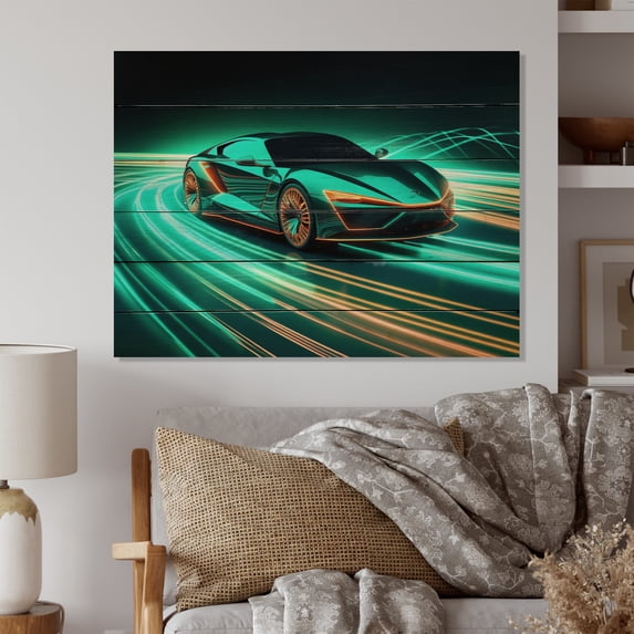 Designart "Neon Exotic Car in Teal I" Neon Car Print on Natural Pine Wood