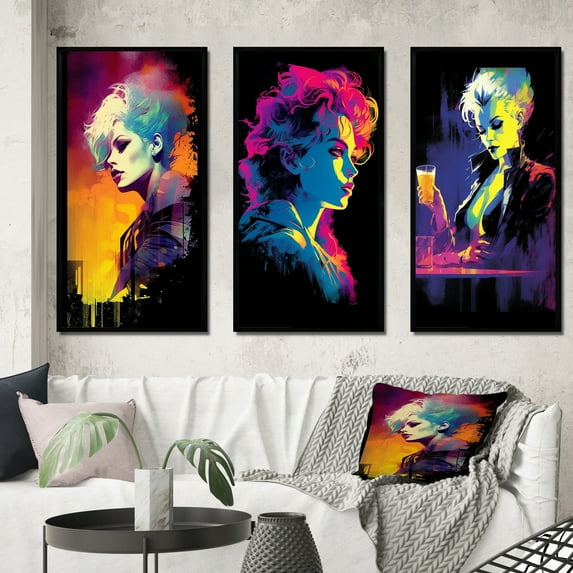 Designart "Neon Glamour Retro Diva Woman Portrait III" Woman Pop Art Framed Wall Art Set Of 3 - Pink Glam Frame Canvas Set For Living Room Decor