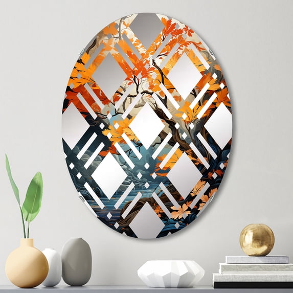 Designart "Neon Glow Maple I" Tree Maple Plaid Round Wall Mirror - Floral Oval Printed Decorative Mirror - Multiple Color Options