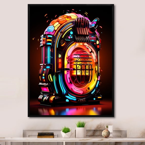 Designart "Neon Grooves of Jukebox Machine I" Fashion Framed Wall Art - Modern Colorful Jukeboxes Hallway Framed Wall Art Decor