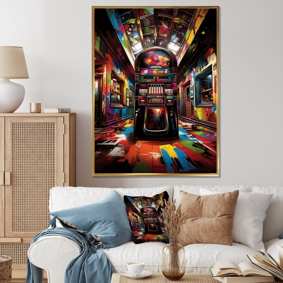Designart "Neon Grooves of Jukebox Machine II" Fashion Framed Wall Art - Modern Colorful Jukeboxes Living Room Framed Canvas Art