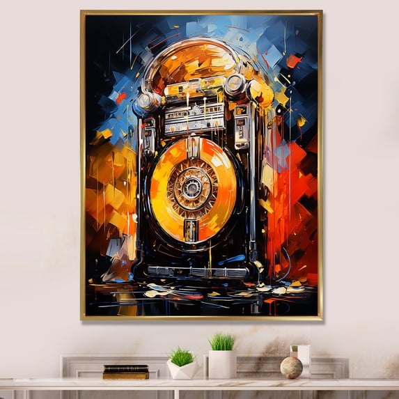 Designart "Neon Grooves of Jukebox Machine IV" Fashion Framed Wall Art - Modern Yellow Jukeboxes Entryway Framed Wall Art Print