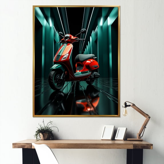 Designart "Neon Lit Scooter Serenity I" Scooter Floater Framed Wall Art Living Room