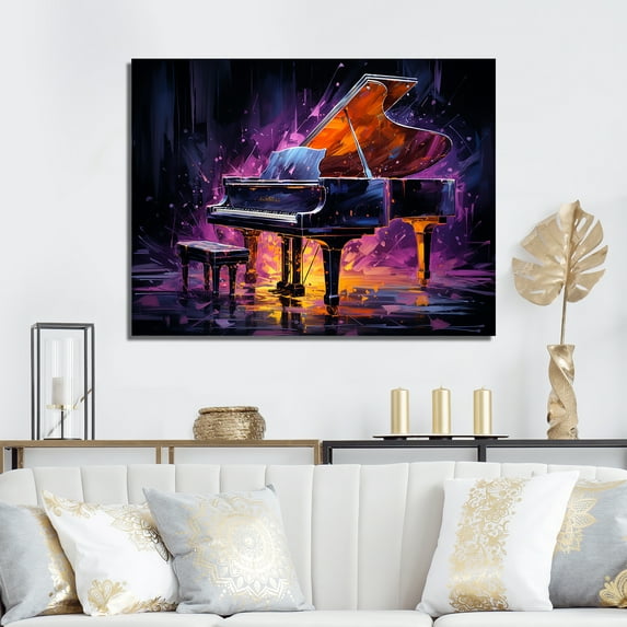 Designart "Neon Nocturne On The Purple Piano" Music Canvas Wall Art