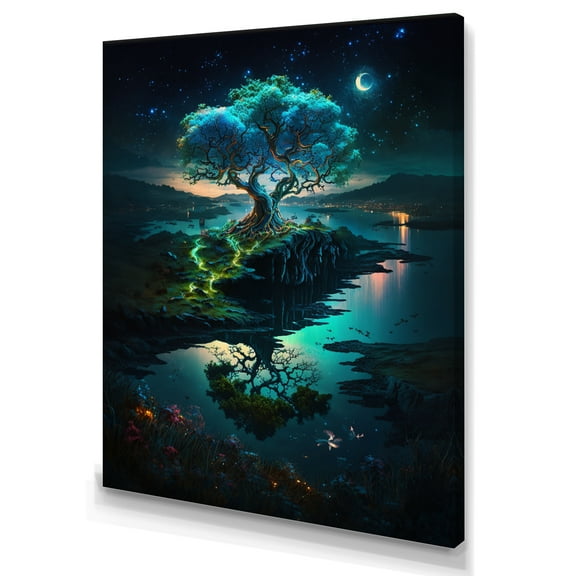 Designart Neon Tree On Coastline At Dark Canvas Wall Art
